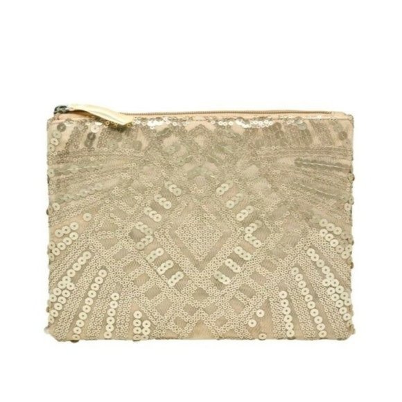 Blush Beaded Makeup Cosmetic Bag wristlet, Gold Sequin Glam Bag, NEW - Picture 2 of 2